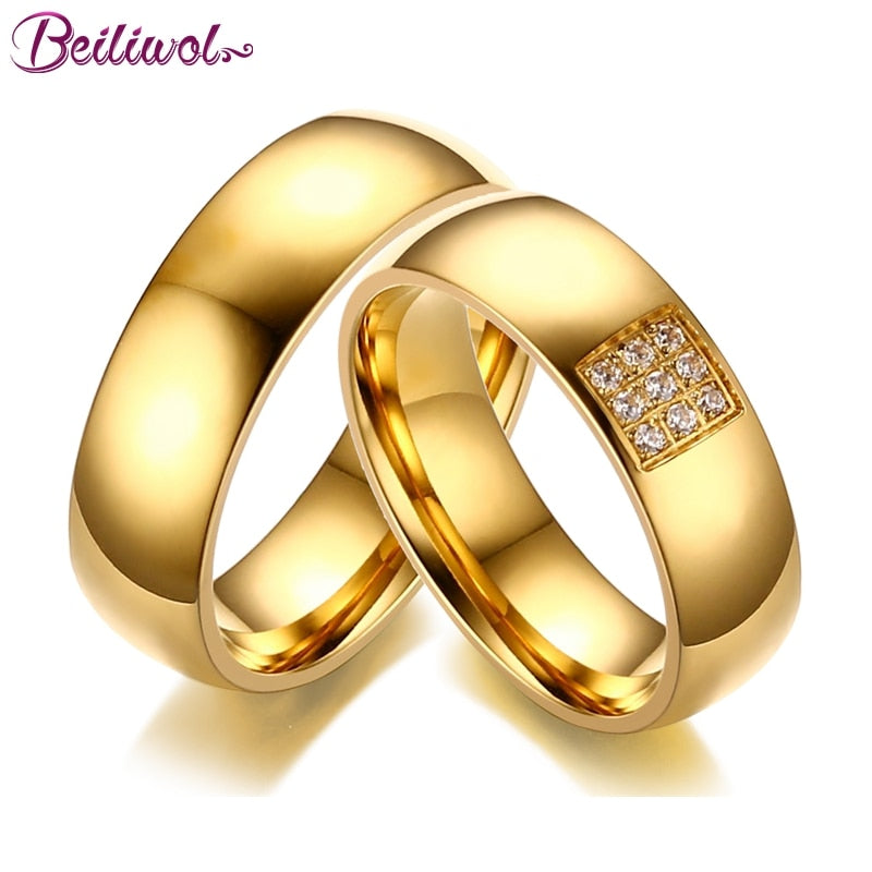 Wedding Rings for Women & Men Titanium Steel Gold-Color Engagement Jewelry Couple Ring Gift