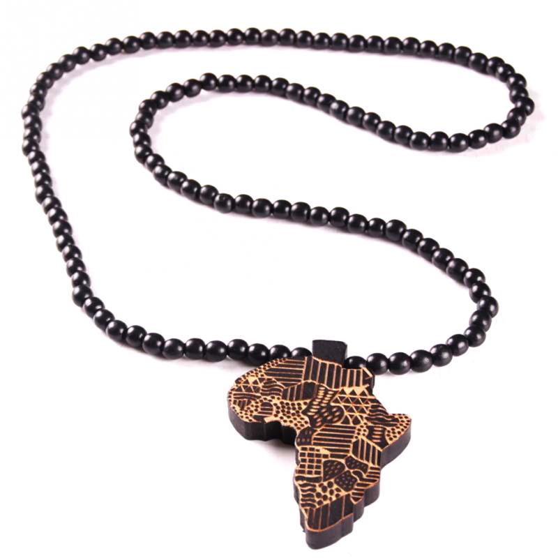 Africa Map Pendant Necklace for Women Men Jewelry Wooden African Maps Hiphop Beaded Necklace