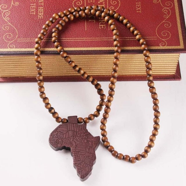 Africa Map Pendant Necklace for Women Men Jewelry Wooden African Maps Hiphop Beaded Necklace