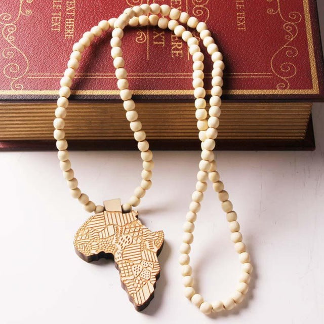 Africa Map Pendant Necklace for Women Men Jewelry Wooden African Maps Hiphop Beaded Necklace