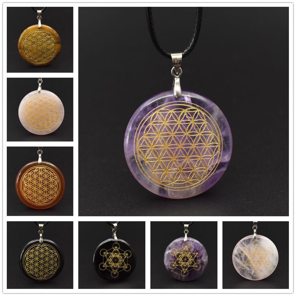 30mm High quality natural stone quartz white crystal pendant pendulum flower of life pendants 7 chakra pendule orgonite necklace