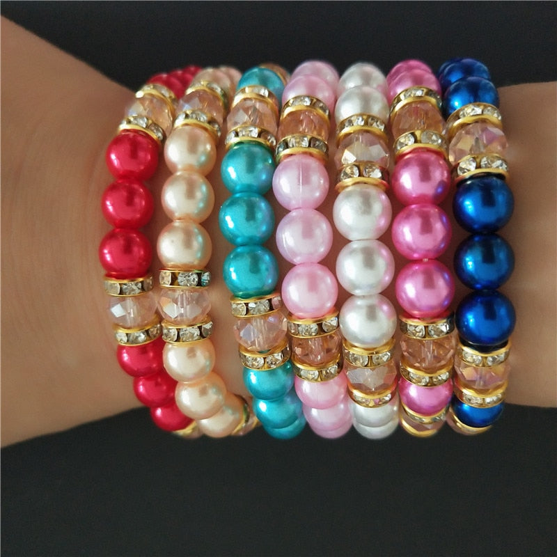 Elastic Bracelet Classic Blue Red pearl Inlaid pink crystal Bracelets for Men Women Best Friend Popular Gift