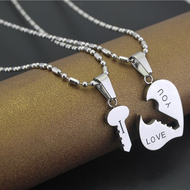 1Pc Stainless Steel Necklace Hot Sweet Love Cute Couple Necklaces Set Pendant Engrave I Love You Matching Hearts Key for Women