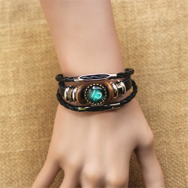 Punk 12 Horoscope Leather Bracelet Retro Wooden Bead Charm Bracelet Female Male Men Woman Jewelry Gifts Wholesale