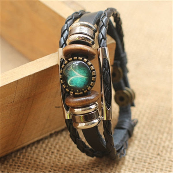 Punk 12 Horoscope Leather Bracelet Retro Wooden Bead Charm Bracelet Female Male Men Woman Jewelry Gifts Wholesale