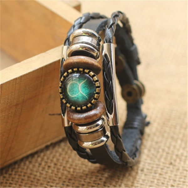 Punk 12 Horoscope Leather Bracelet Retro Wooden Bead Charm Bracelet Female Male Men Woman Jewelry Gifts Wholesale