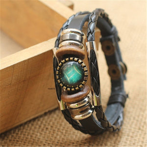 Punk 12 Horoscope Leather Bracelet Retro Wooden Bead Charm Bracelet Female Male Men Woman Jewelry Gifts Wholesale