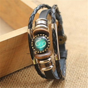 Punk 12 Horoscope Leather Bracelet Retro Wooden Bead Charm Bracelet Female Male Men Woman Jewelry Gifts Wholesale