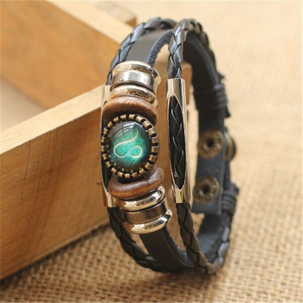 Punk 12 Horoscope Leather Bracelet Retro Wooden Bead Charm Bracelet Female Male Men Woman Jewelry Gifts Wholesale