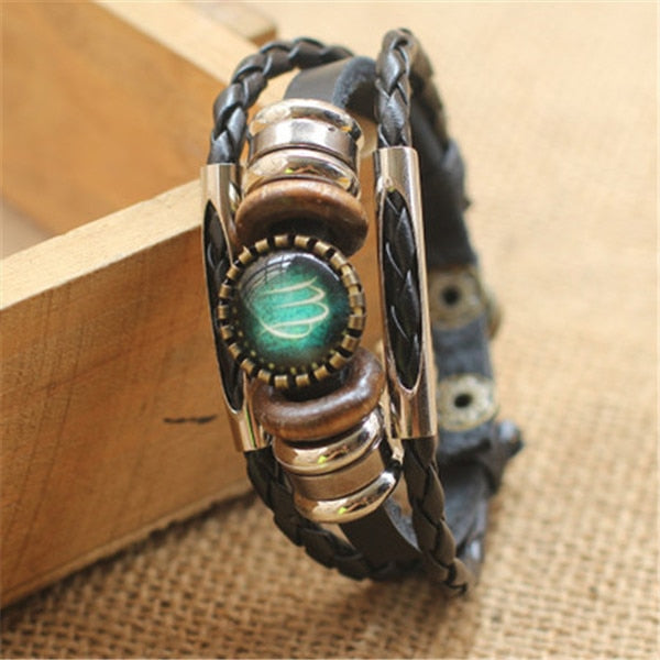 Punk 12 Horoscope Leather Bracelet Retro Wooden Bead Charm Bracelet Female Male Men Woman Jewelry Gifts Wholesale