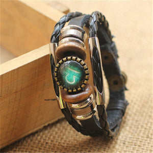 Punk 12 Horoscope Leather Bracelet Retro Wooden Bead Charm Bracelet Female Male Men Woman Jewelry Gifts Wholesale