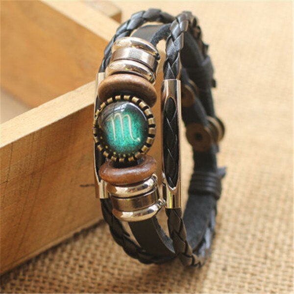 Punk 12 Horoscope Leather Bracelet Retro Wooden Bead Charm Bracelet Female Male Men Woman Jewelry Gifts Wholesale