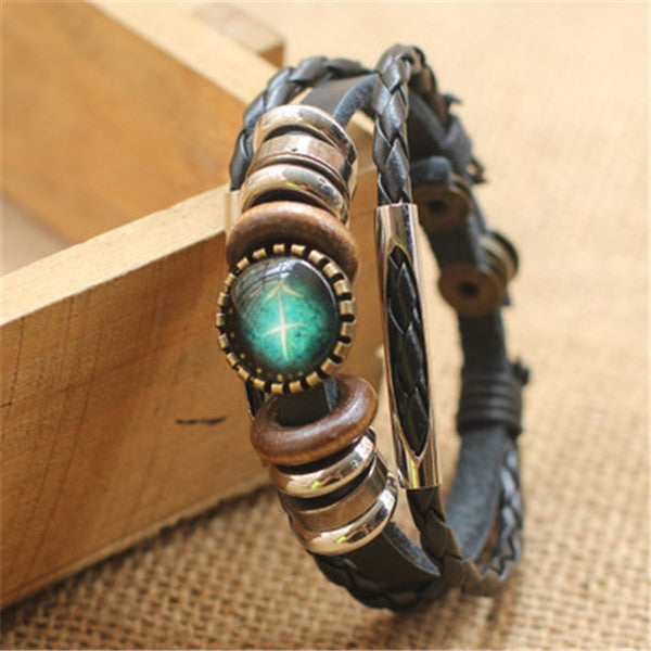 Punk 12 Horoscope Leather Bracelet Retro Wooden Bead Charm Bracelet Female Male Men Woman Jewelry Gifts Wholesale