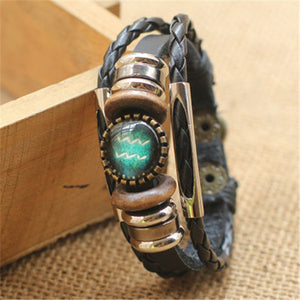 Punk 12 Horoscope Leather Bracelet Retro Wooden Bead Charm Bracelet Female Male Men Woman Jewelry Gifts Wholesale