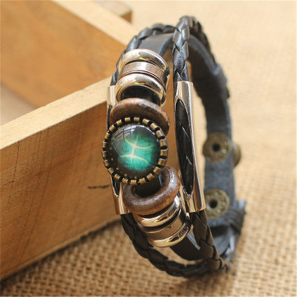 Punk 12 Horoscope Leather Bracelet Retro Wooden Bead Charm Bracelet Female Male Men Woman Jewelry Gifts Wholesale