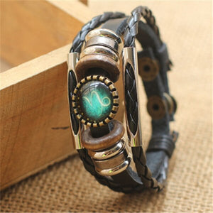 Punk 12 Horoscope Leather Bracelet Retro Wooden Bead Charm Bracelet Female Male Men Woman Jewelry Gifts Wholesale