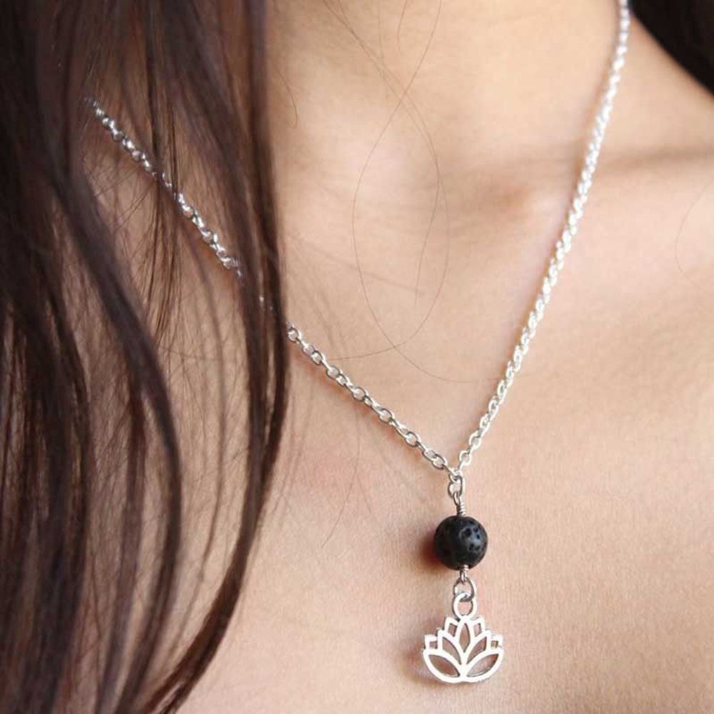 geneneic 1 pcs Hollow Lotus Flower Necklace Creative Originality Black Lava Stone Pendant