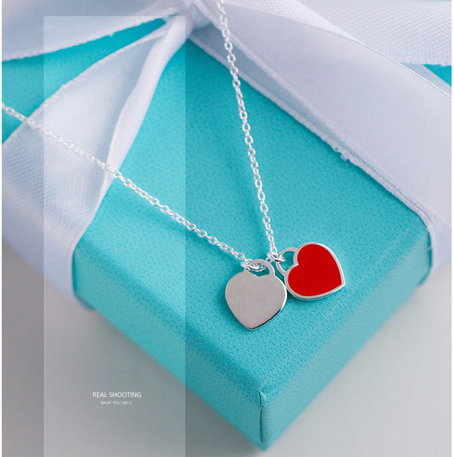 Heart Pendant Necklace Romantic Europe Style blue Pink bracelet Double Heart Link Chain Necklace For Woman Jewelry