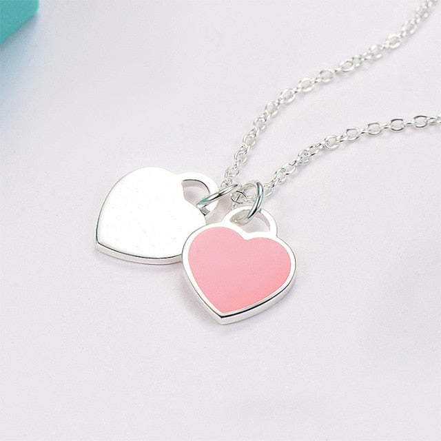 Heart Pendant Necklace Romantic Europe Style blue Pink bracelet Double Heart Link Chain Necklace For Woman Jewelry