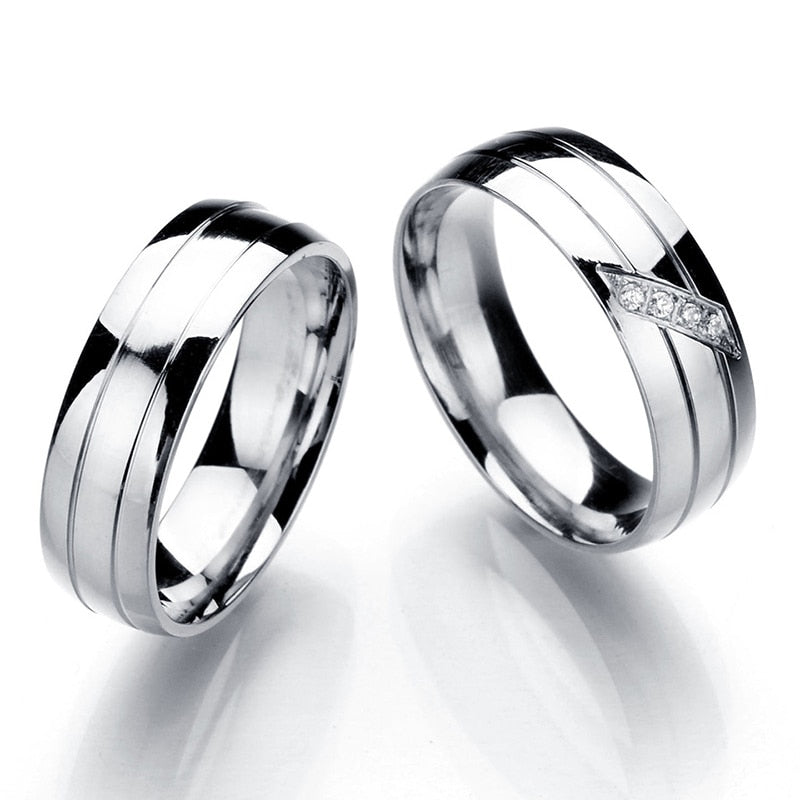 Couple Silver Color Marry Wedding Ring Stainless Steel  Band Set Crystal Shine Engagement Men lovers Rings