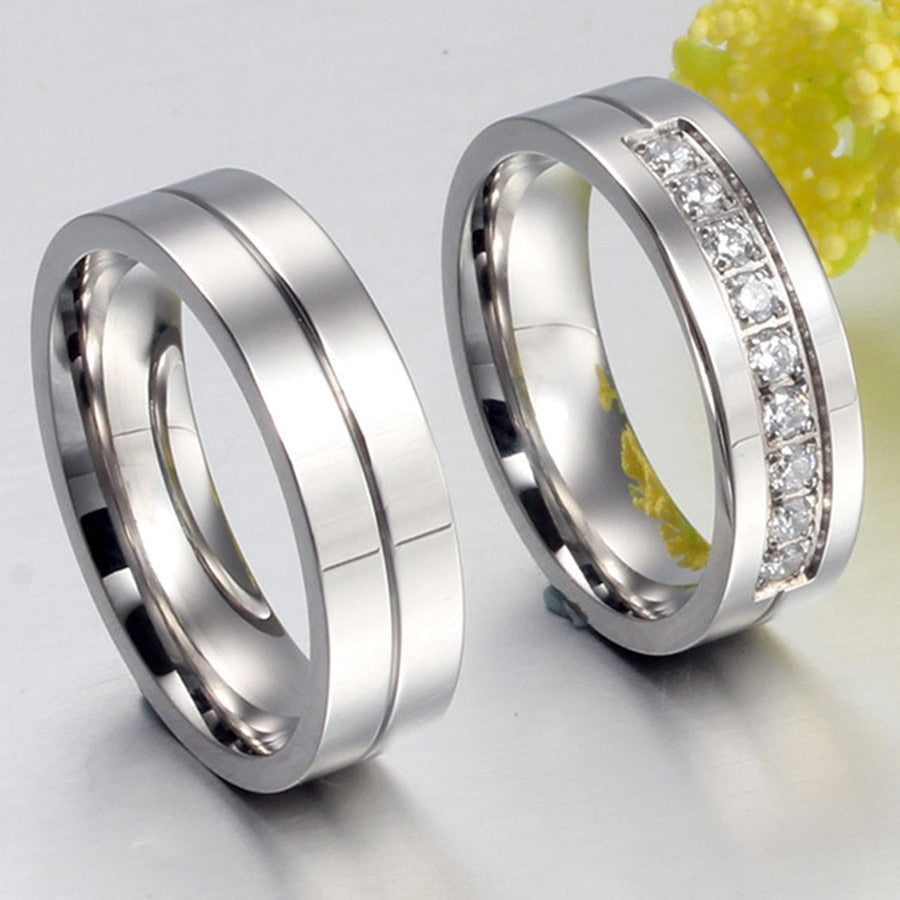 Crystal titanium steel rings couple his and hers promise ring alliances of marriage love ring